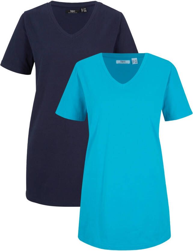 bonprix Basic longshirt(set van 2)met V hals en korte mouwen