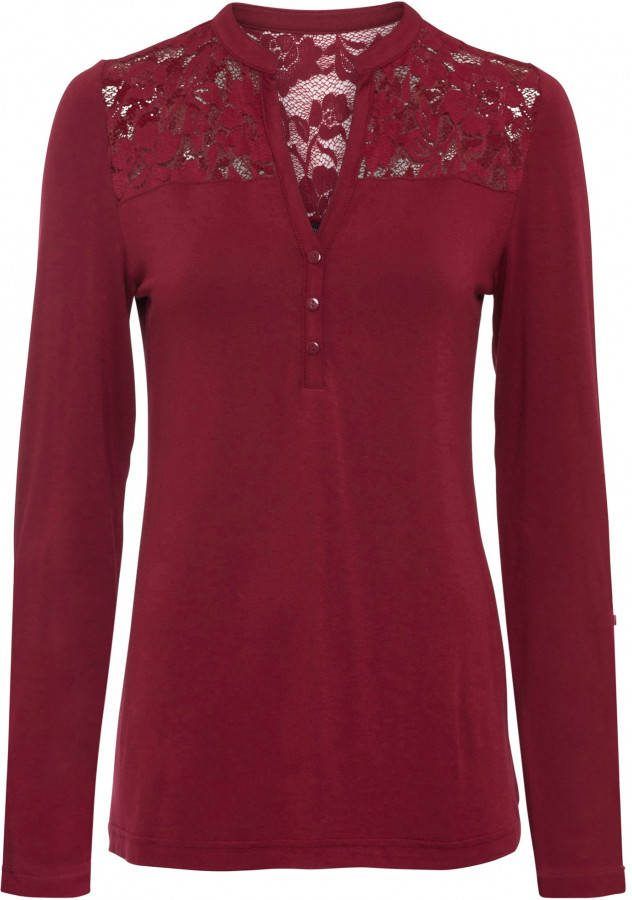 BODYFLIRT Henley shirt met kant, robijnrood, 95% viscose, 5% elastan