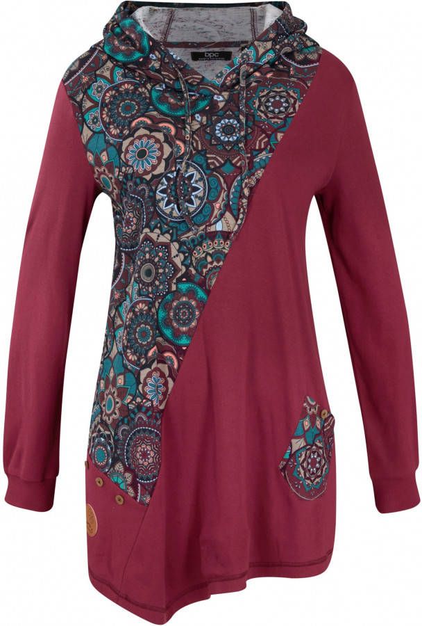 bonprix Puntig toelopend shirt in patchworklook met capuchon, lange mouw