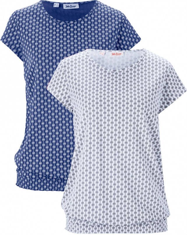 John Baner JEANSWEAR Shirt met print en minimouwen (set van 2), wit+middernachtblauw gedessineerd