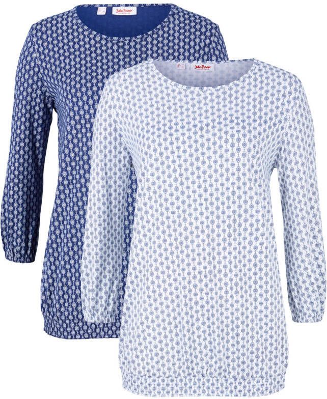 John Baner JEANSWEAR Shirt met print (set van 2), 3/4 mouw, wit+middernachtblauw gedessineerd