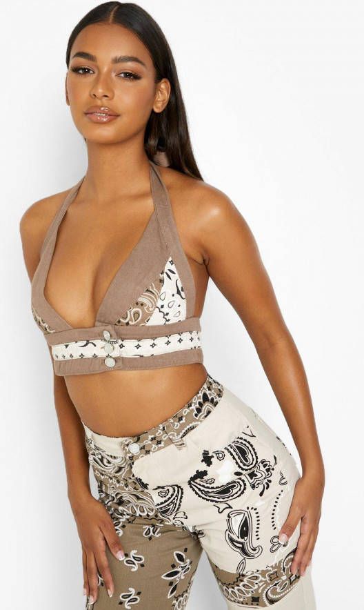 boohoo Bandana Bralette Met Patches En Halter Neck, Taupe