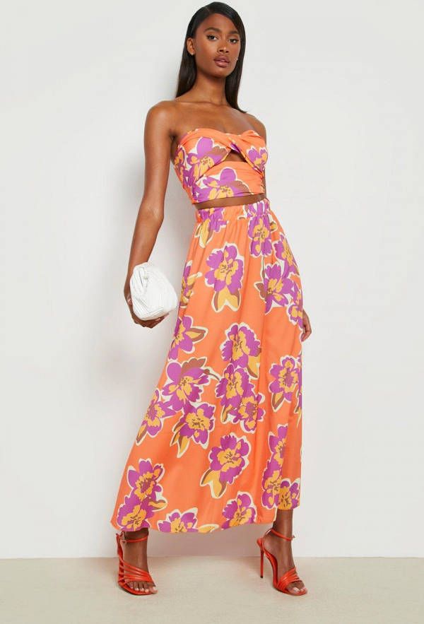 boohoo Bralette Met Harvormige Hals En Midaxi Rok Met Laagjes, Orange