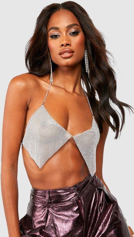 boohoo Chainmail Halter Bralette, Silver