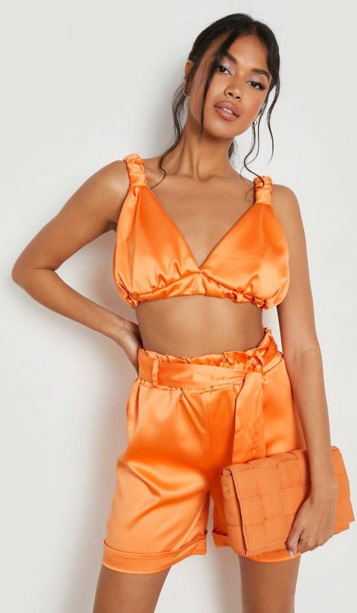 boohoo Geplooide Satijnen Bralette Met Bandjes, Orange