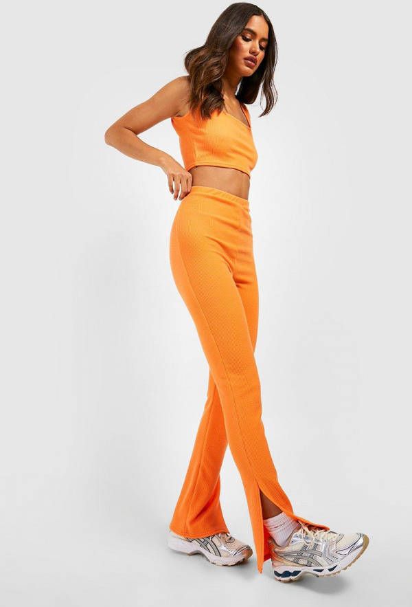boohoo Geribbelde Bralette En Leggings Met Split Set, Orange