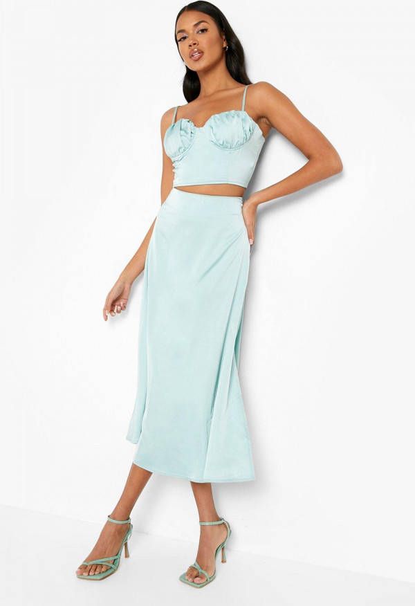 boohoo Matte Satijnen Geplooide Bralette En Onderrok, Mint