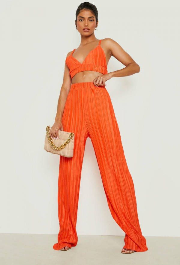 boohoo Plisse Bralette En Wide Leg Broek Set, Orange