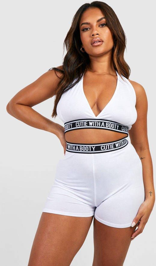boohoo Plus Official Jersey Bralette En Boxers Set, White