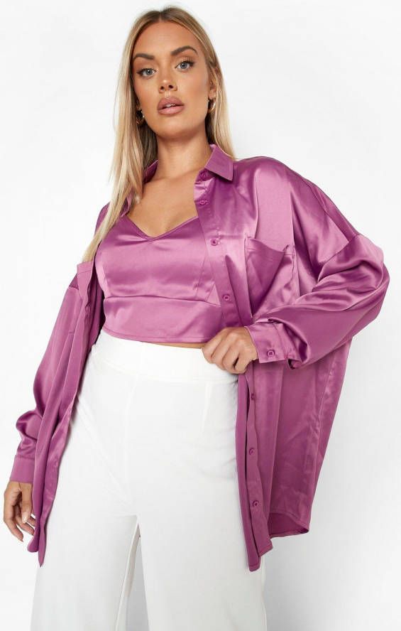 boohoo Plus Satijnen Bralette En Blouse Set, Purple