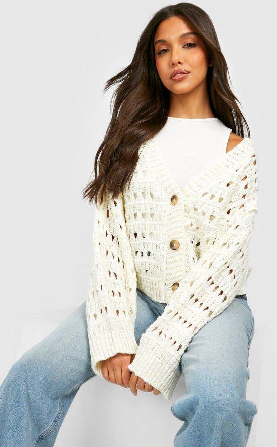 boohoo Premium Oversized Dikke Cardigan Met Gaatjes, Cream