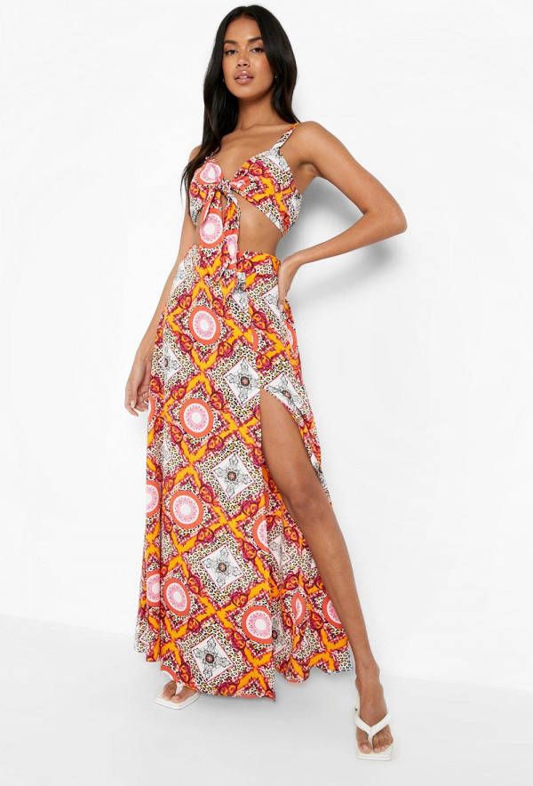 boohoo Geknoopte Sjaal Print Bralette En Maxi Rok Met Split, Orange