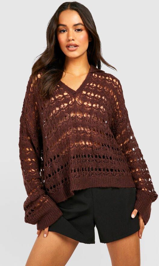 boohoo Zachte Gebreide Gehaakte Trui Met Kraag, Chocolate