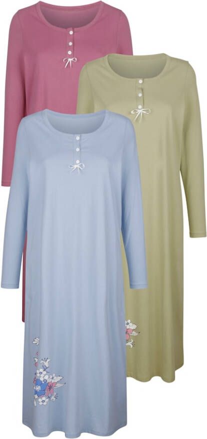 harmony Nachthemden per 3 stuks met knoopsluiting Ijsblauw/Riet/Oudroze