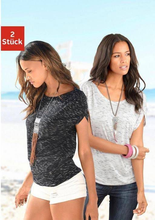Lascana T shirt met schouderrimpeling(Set van 2 )