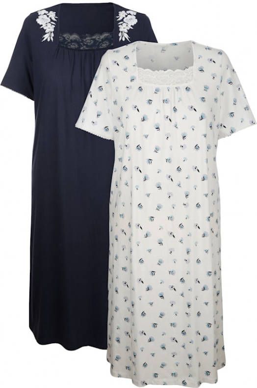 harmony Nachthemden per 2 stuks met charmant kant en sierplooitjes bij de hals Marine/Ecru