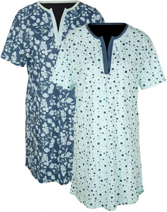 harmony Nachthemden per 2 stuks met contrastpaspel aan de hals Lichtgroen/Rookblauw/Jadegroen