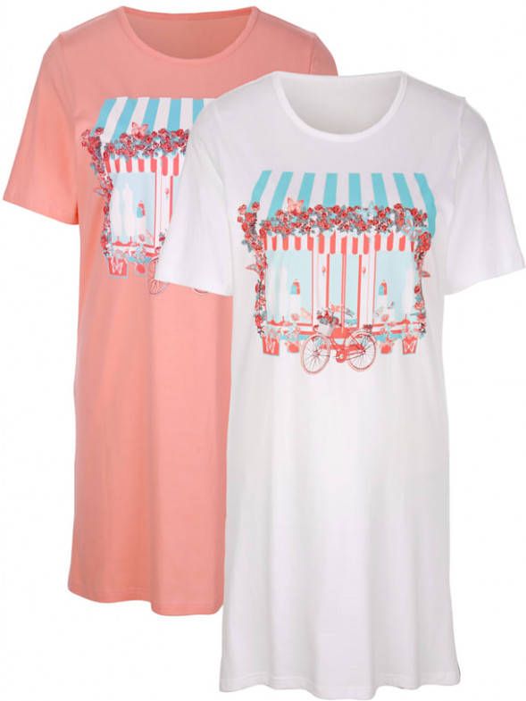 harmony Nachthemden per 2 stuks met effen paspel bij de hals Wit/Zalm