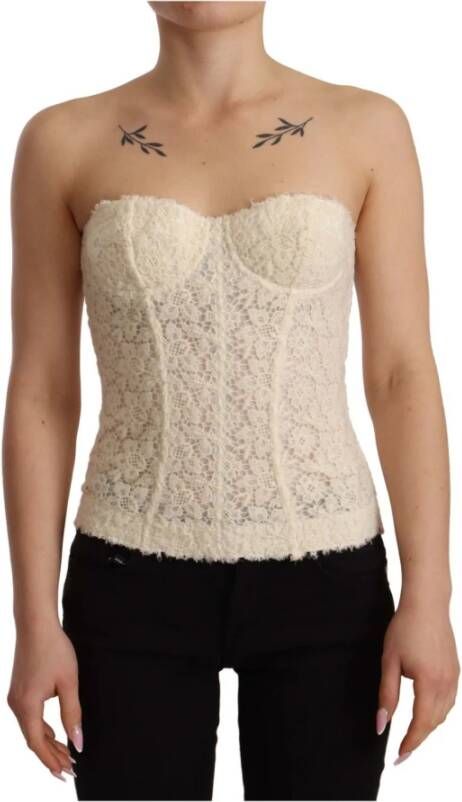 Ermanno Scervino Off White Corset Bustier Floral Lace Top , Beige, Dames