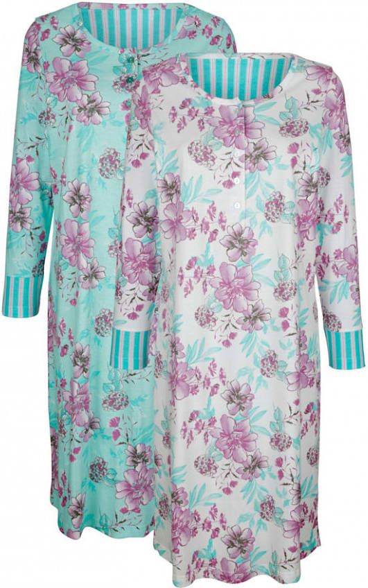 harmony Nachthemden per 2 stuks met contrastkleurige mouwboorden Lichtgroen/Wit/Cyclaam