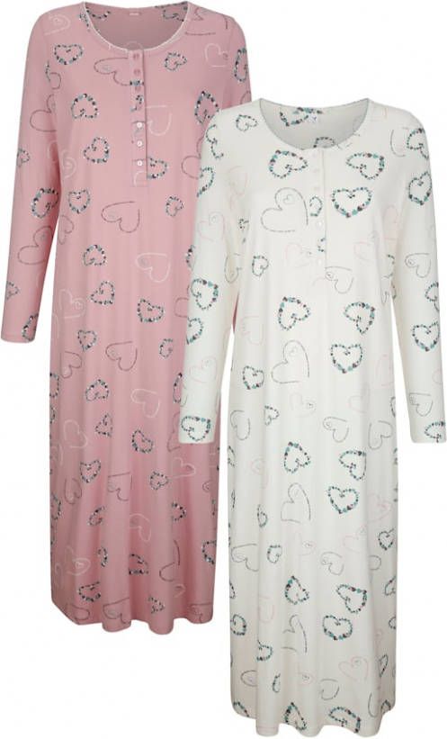 harmony Nachthemden per 2 stuks met gekartelde rand langs de hals Ecru/Oudroze