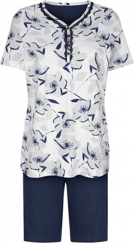 harmony Shortama met romantisch kant aan de hals Marine/Wit/Zilverkleur