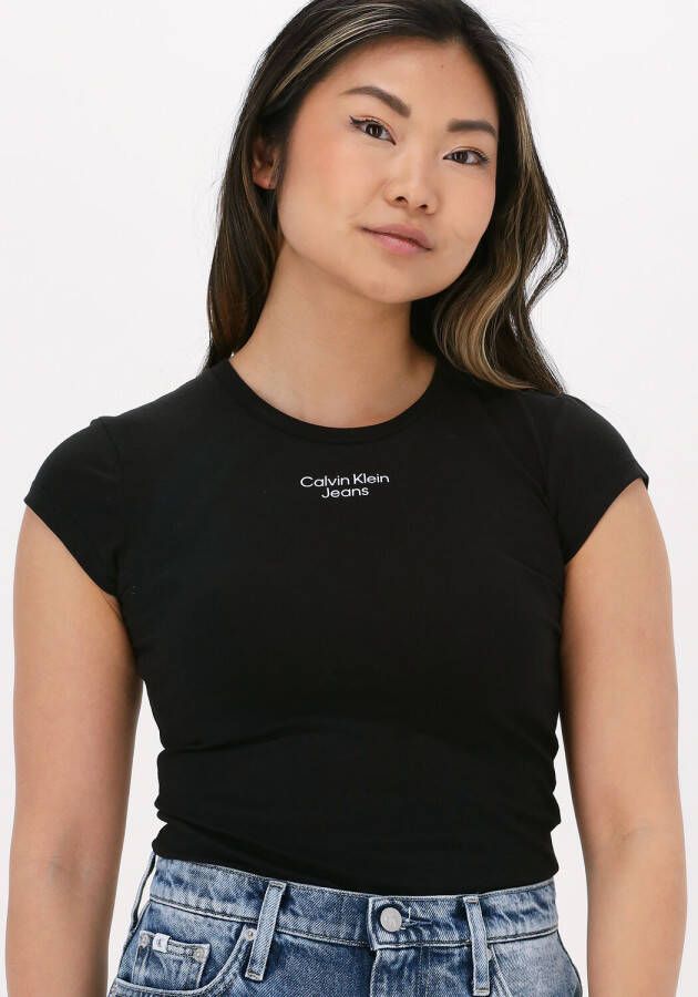 Calvin Klein Zwarte T shirt Stacked Logo Tight Tee