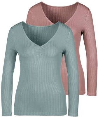 Lascana Shirt met lange mouwen Ribshirt met een v hals en kleine plooi(Set van 2 )
