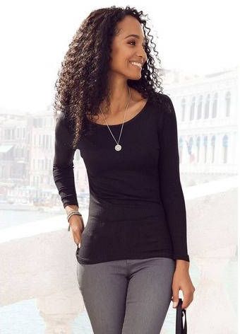 Lascana Shirt met lange mouwen Ribshirt met rechte zoom