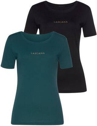 Lascana T shirt met goudkleurige logoprint(Set van 2 )