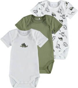 NAME IT BABY newborn baby romper NBMBODY set van 3 dino's groen/wit