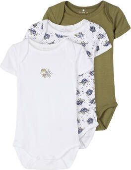 NAME IT BABY newborn baby romper NBNBODY set van 3 dierenprint olijfgroen/wit