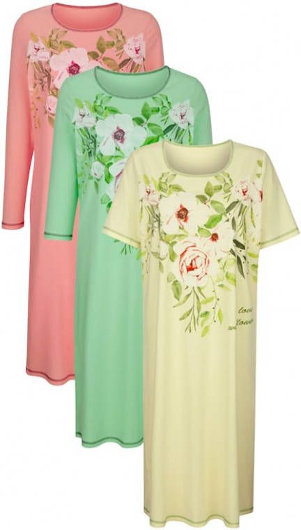 harmony Nachthemden per 3 stuks met 3 verschillende mouwlengtes Vanille/Appelgroen/Koraal